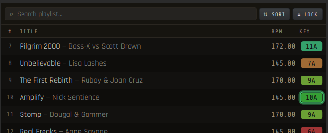 Playlist showing detected BPM and key