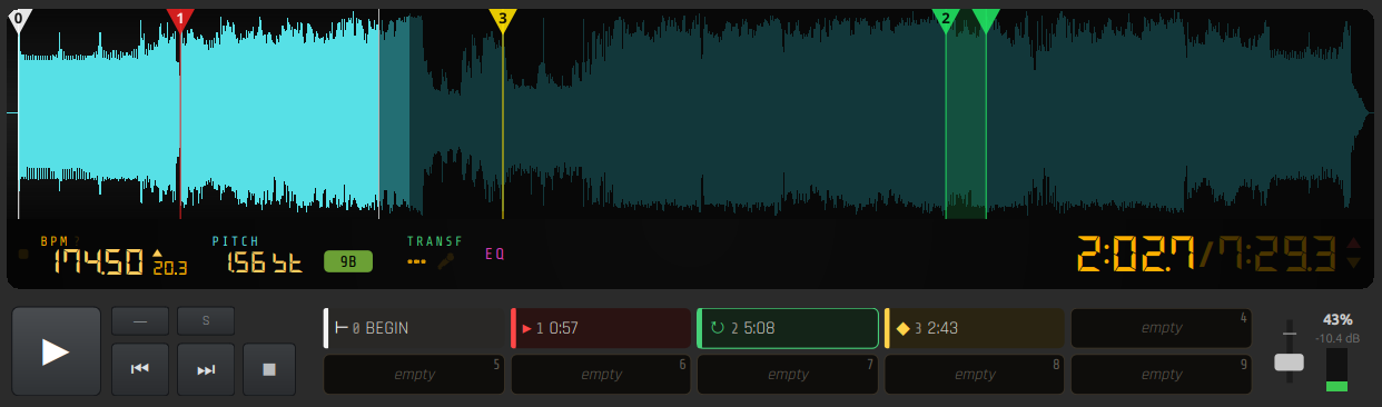 Waveform with cue points and transport